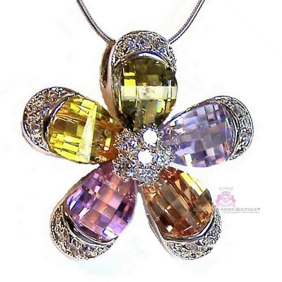 Petals Cubic Zirconia Multi Color White Gold Plated Cz Flower Bloom Necklace - Picture 3 of 4